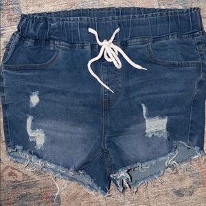 SHEIN Curve Dark Blue Distressed Denim Drawstring Shorts